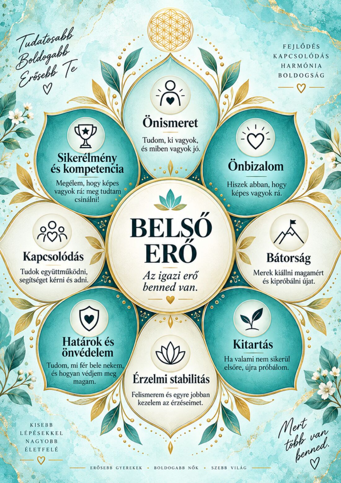 A Belső Erő virága: önismeret, önbizalom, bátorság, kitartás, érzelmi stabilitás, határok, kapcsolódás és sikerélmény